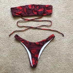 red snakeskin self tie bikini swimsuit